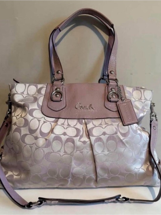 Coach Handbags - Coach Pink Signature Satin Shoulder Tote with Leather Trim